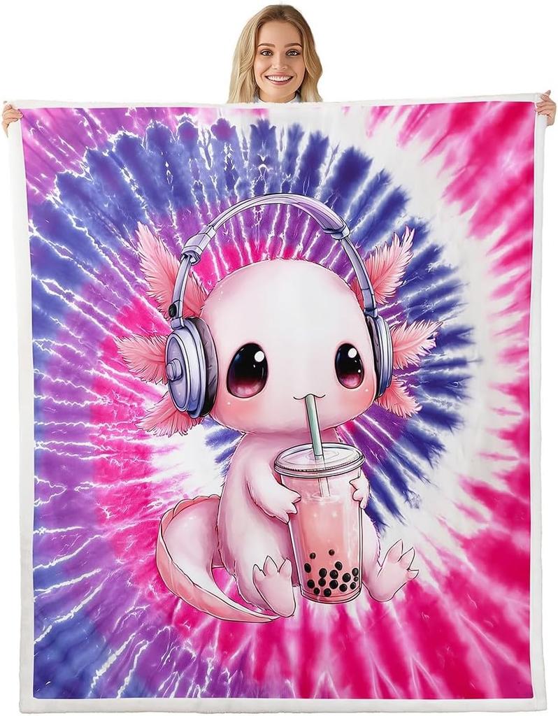 Cute Pink Axolotl Blanket Soft Fleece Throw Cherry Blossom Design Fantasy Art Kids Room Decor