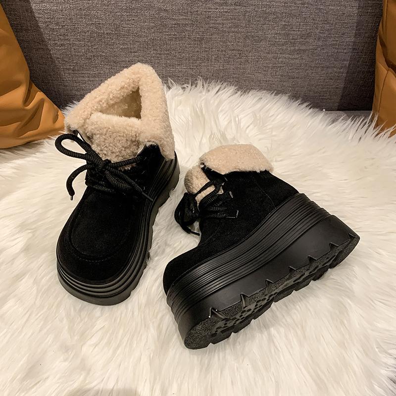 Fashion New Winter Chunky Casual Snow Shoes Woman 10CM High Platform Wedge Heels Warm Fur Sneakers Fashion Women Buckle Leather Shoes