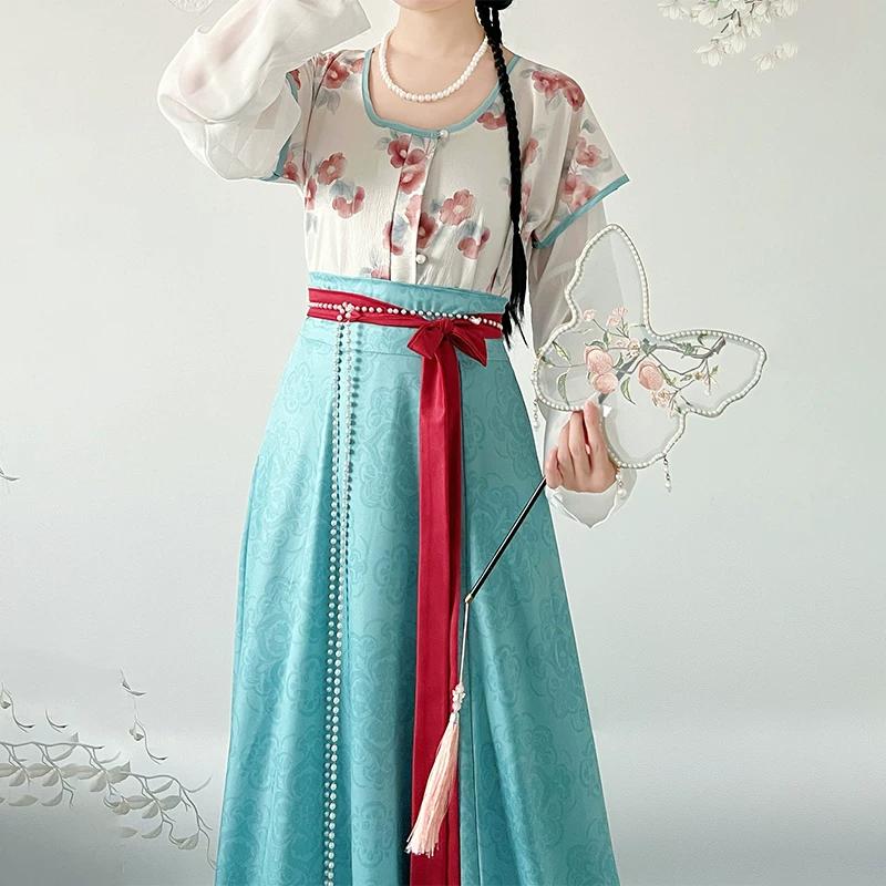 Chinese Tang Dynasty Style Hanfu for Women Printed Round Neck Top & Long Skirt Set Traditional Hanfu Costume