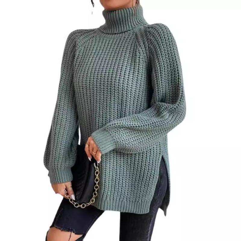 Women's Autumn and Winter Slouchy High Neck Zip Solid Colour Knitted Sweater