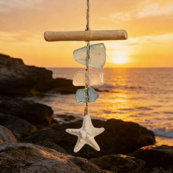 Seaglass Hanging Decoration Handmade Bohemian Coastal Nautical Starfish Sea Glass Art Home Office Beach House Wall Ornament Pendant