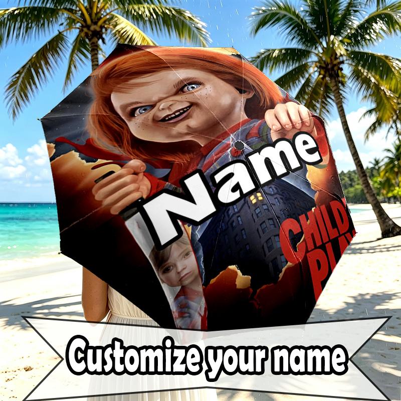 Custom Name Personalized Bride of Chucky Print Umbrella, Auto Open Close, 8‑Rib Sturdy Frame, Commute Camping Hiking Use, Birthday Gift