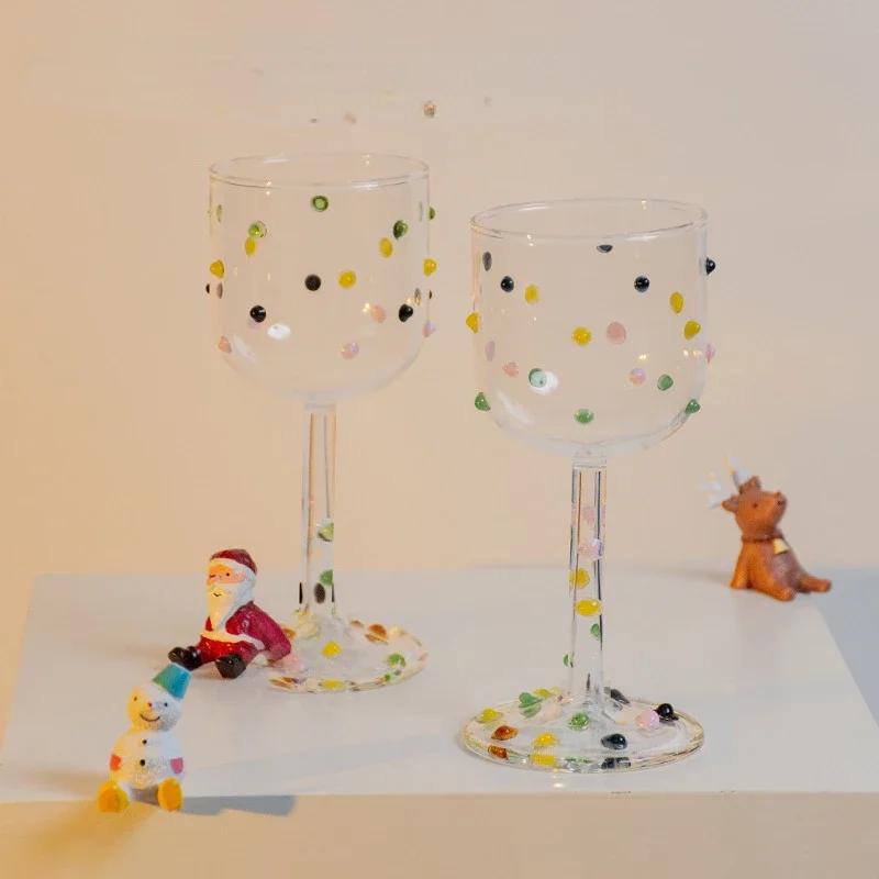 Hand Made Goblet Glass Cup with Colorful Candy Dots Cocktail Glass Juice Dessert Water Cup Wine Glass Drinkware Heat Resistant