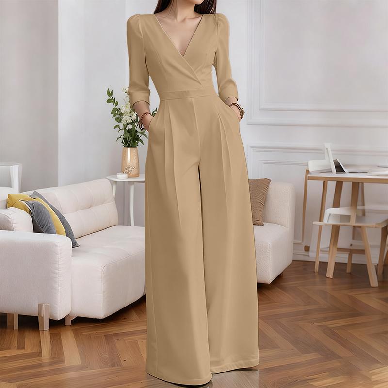 ZANZEA Damen Lässiger V-Ausschnitt 3/4 Ärmel Lockerer Langer Jumpsuit