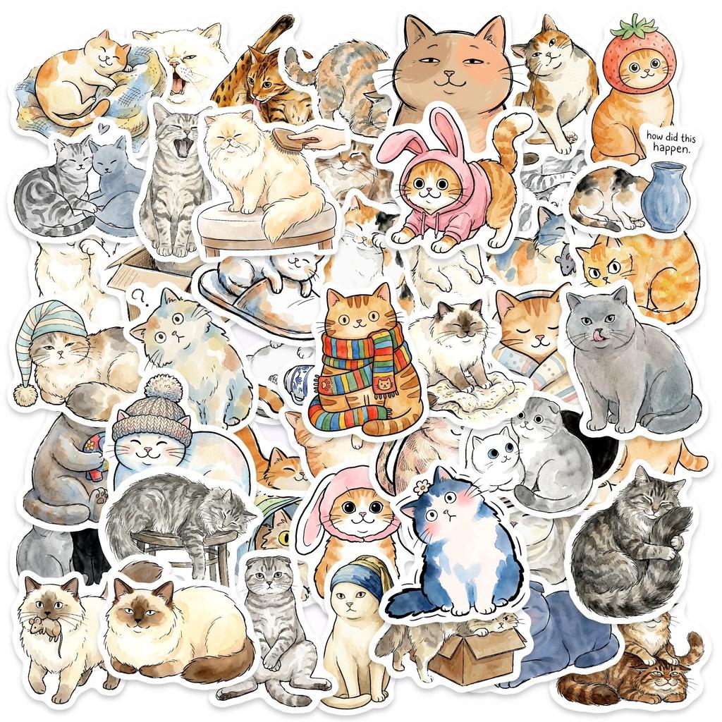 50 Watercolor Cute Cat Stickers Cute Pet Cat Water Cup Hand Account Flat Waterproof Pp Stickers