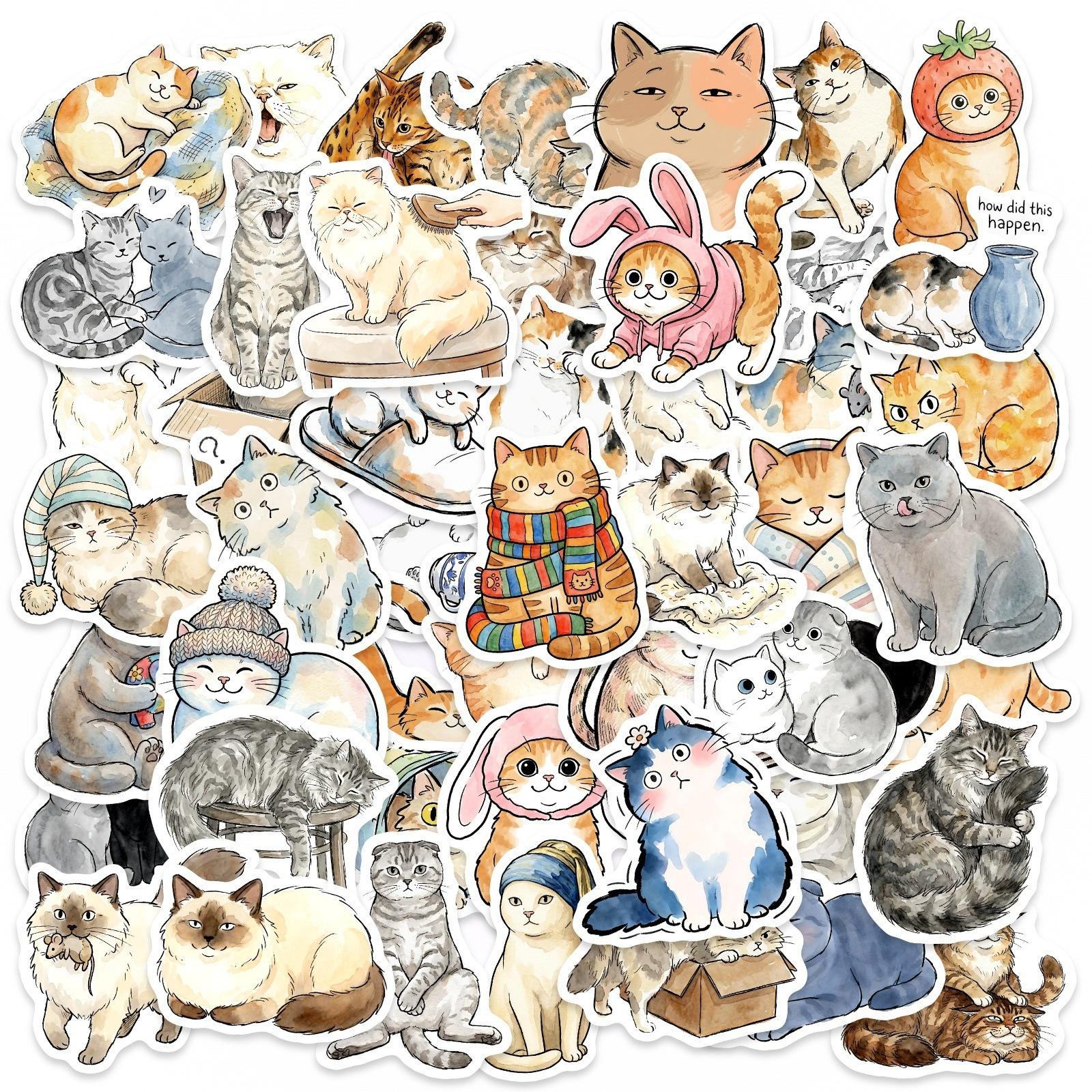 50 Watercolor Cute Cat Stickers Cute Pet Cat Water Cup Hand Account Flat Waterproof Pp Stickers