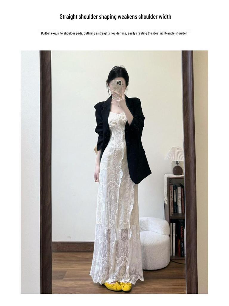 Women's Black Regular Fit Shoulder Suit Jacket - Autumn/Winter Loose Casual Korean Style with High-End Feel