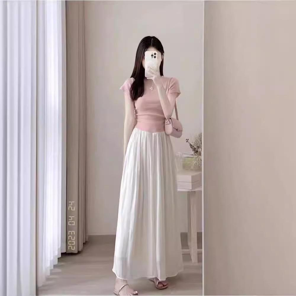 Petite Summer Pink Two-Piece: Short-Sleeved Top & Skirt Set