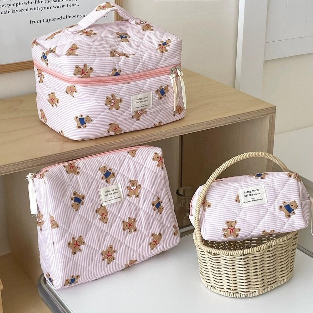 3PCS Soft Toiletry Pouch Large Capacity Cartoon Cosmetic Organizer Quilted Cotton Makeup Bag Women