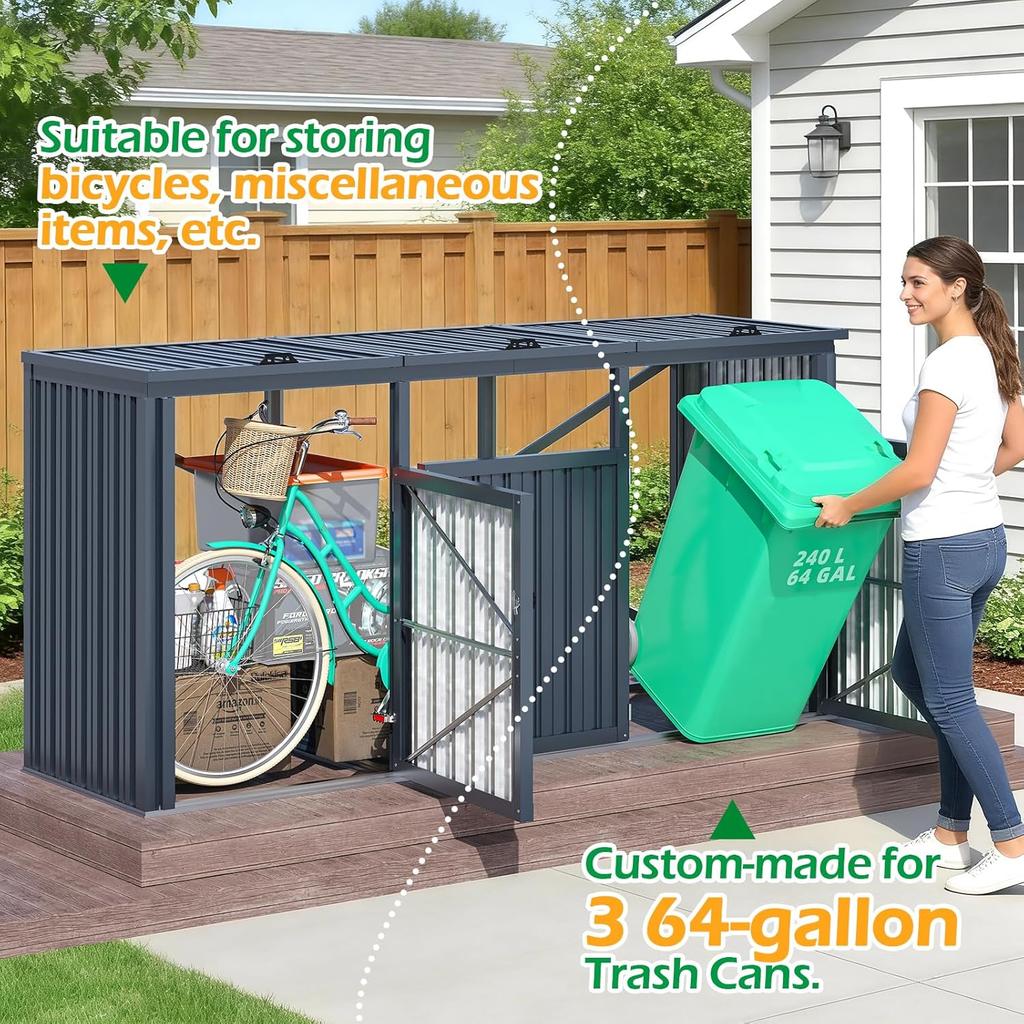 YODOLLA Outdoor Trash Can Storage Shed,  Metal Garbage Storage for 3 Cans, Heavy Duty & Waterproof for Garden & Patio
