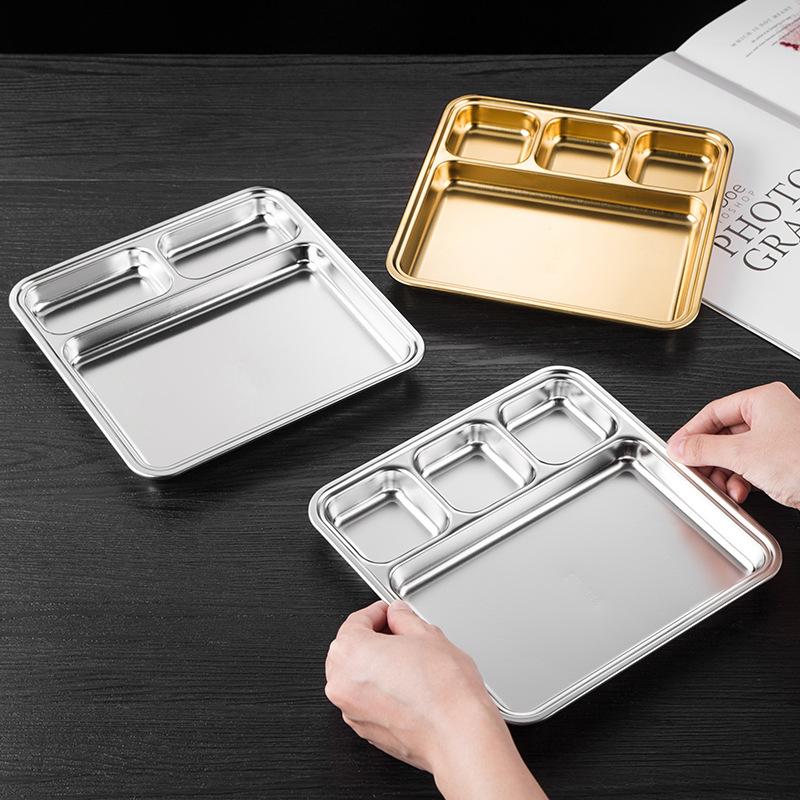 Gold Compartment Dining Plate For Food Serving Trays Stainless Steel Divided Dishes Kitchen Tableware Organization Container