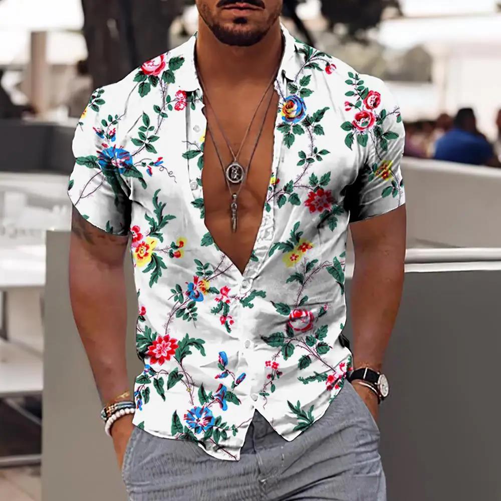 Summer Fashion Hawaiian Floral Beach Casual Shirt 3D Plant Pattern T-shirt Retro Short Sleeve Vacation Outdoor Men's and Women's Shirt