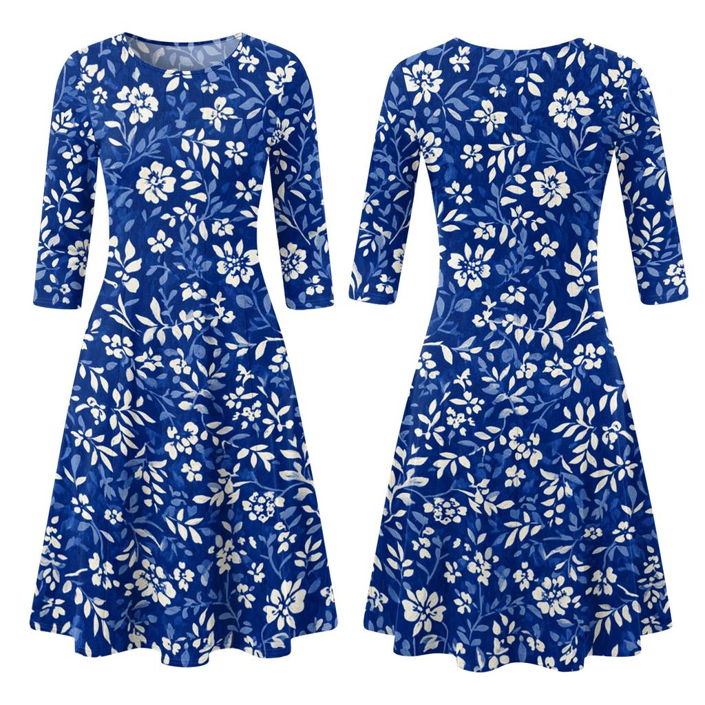 Women’s Casual Round Neck Three Quarter Sleeve Floral Print Midi Dress for Daily and Wear Loose Fit Comfortable Style
