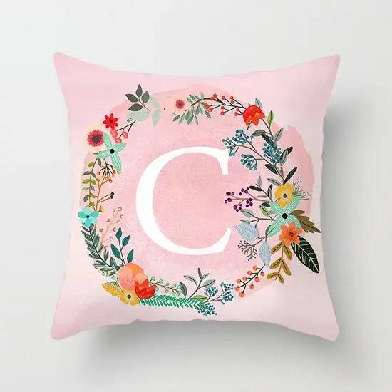 Pink Decorative Pillow Cover 26 Letters In A Wreath Background Pillowcase For Home Decorative Alphabet Cushion Cover 45X45Cm