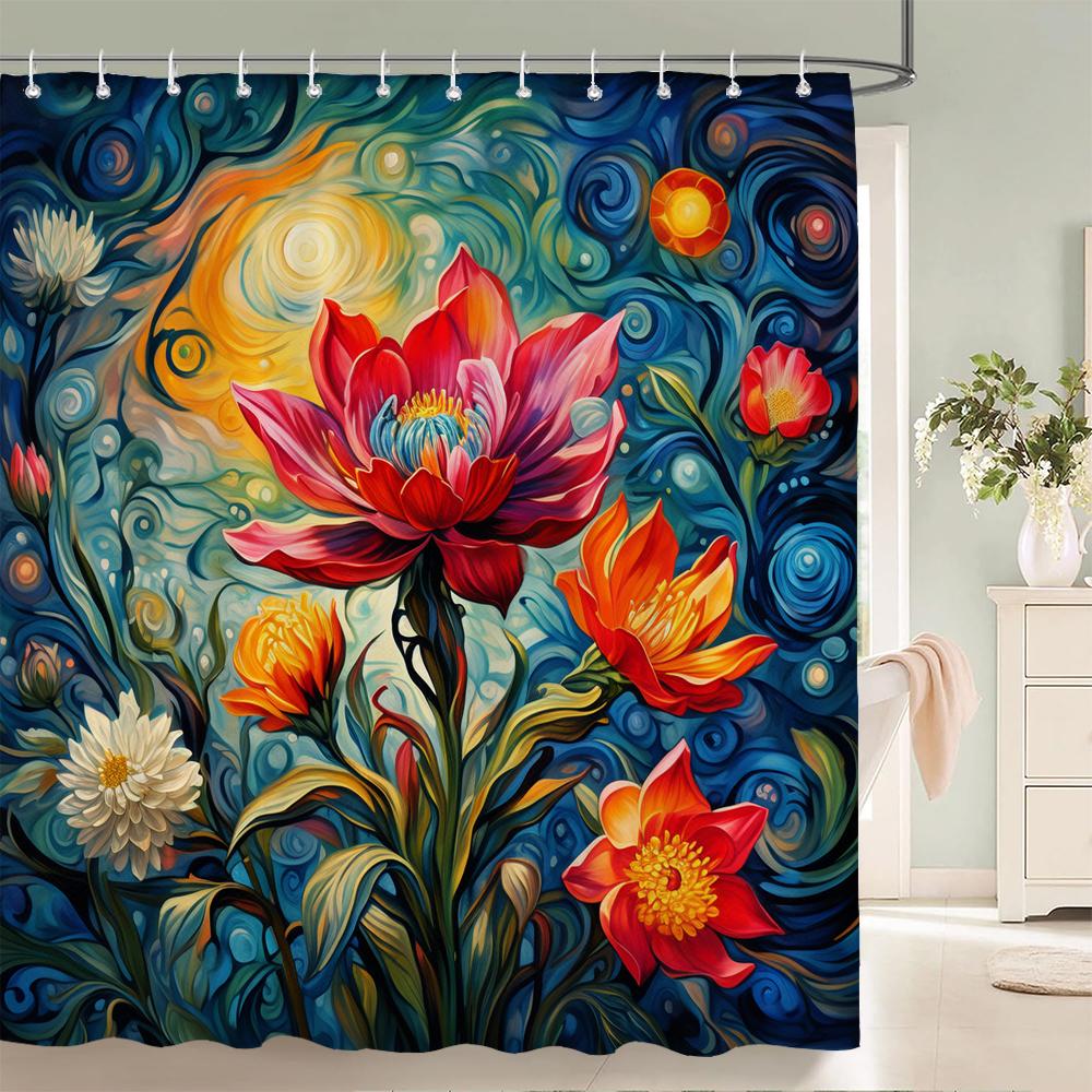 1Pcs elegant rose flower printed fabric waterproof shower curtain, romantic and fashionable rose bathroom decoration, with hooks