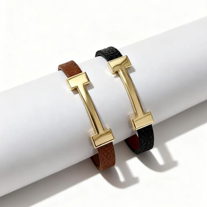 Minimalist Geometric PU Leather Flat Rope Bracelet Women Men Zinc Alloy Electroplated Brown Black Fashion Accessory