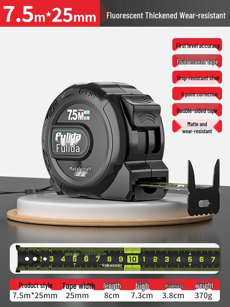 KT 5m Fluorescent Steel Tape Measure - Wear-Resistant, Self-Locking Ruler