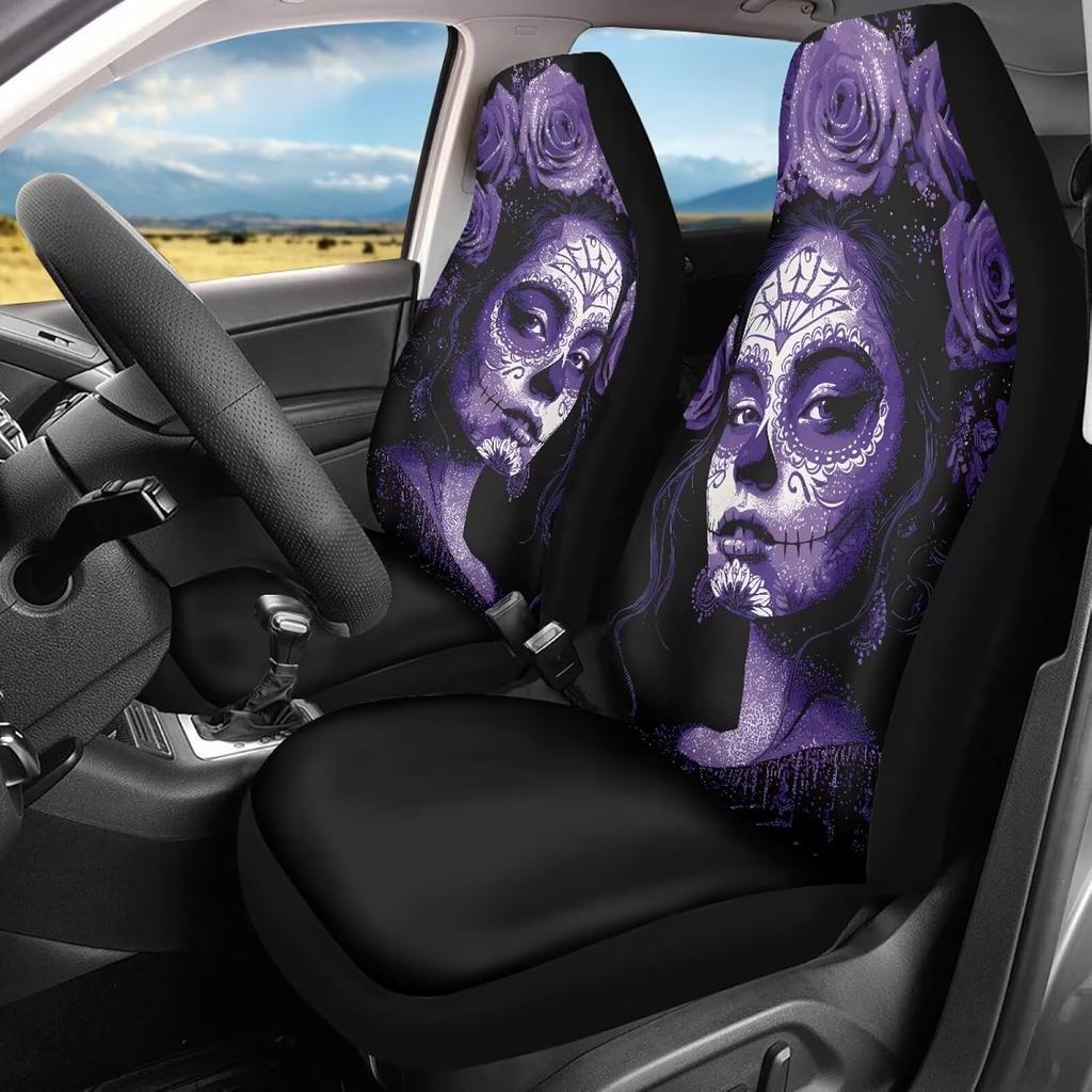 Bulopur Cute Black Gray Skull Set of 2 Car Seat Covers Universal Auto Front Seats Protector Fits for Car,SUV Sedan,Truck