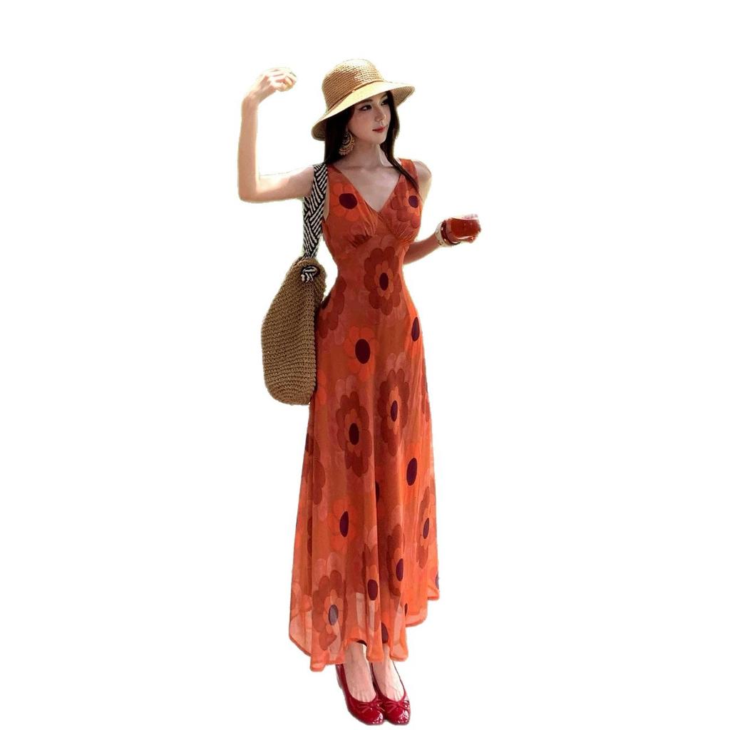 Orange Blossom Print Dress Retro Smudge Vacation Sleeveless Dress Waist Slim Dress