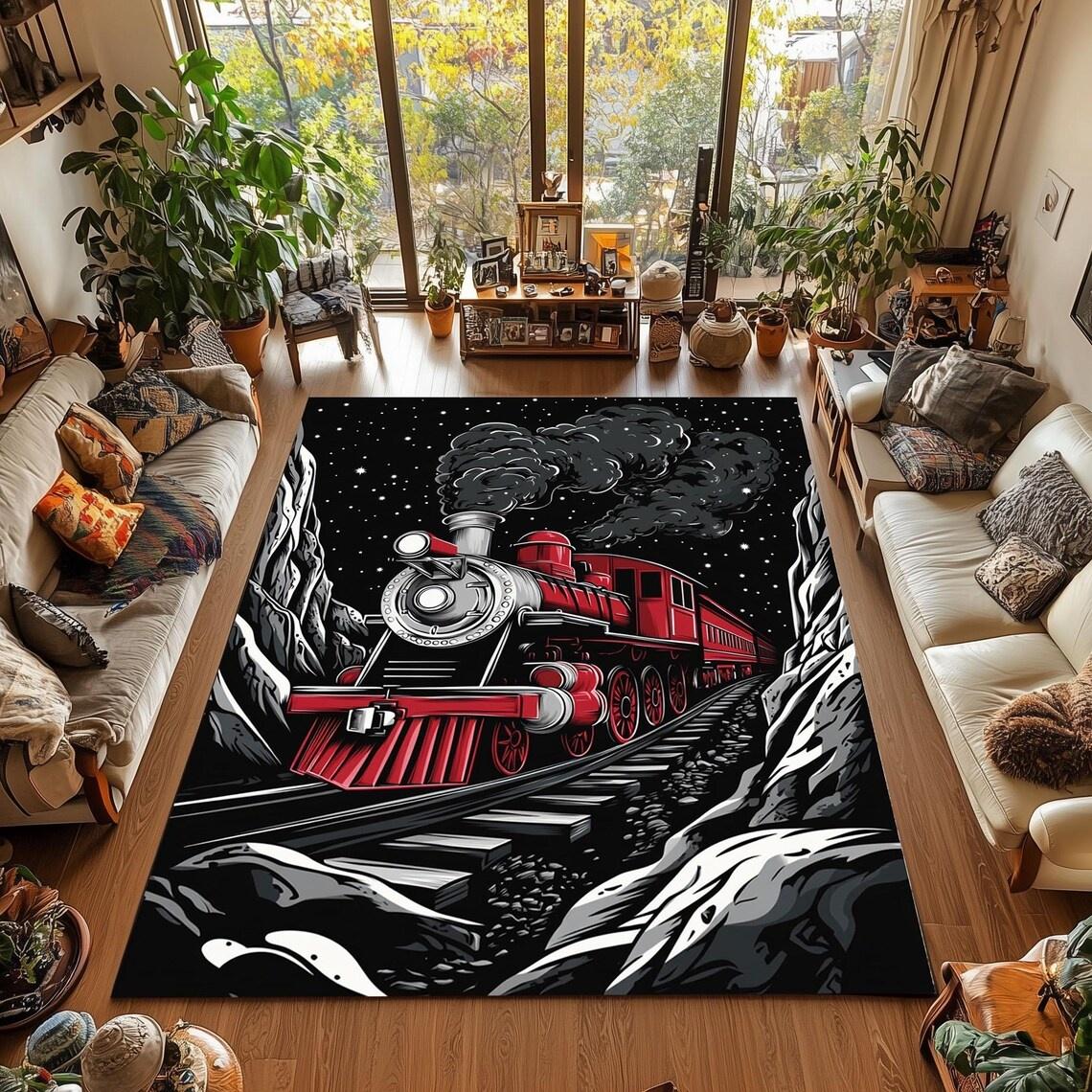 

Visual Stereoscopic Train Carpet Illusionary Hole Train Track Printed Carpet Anti Slip Decorative Carpet for Living Room 50x80cm