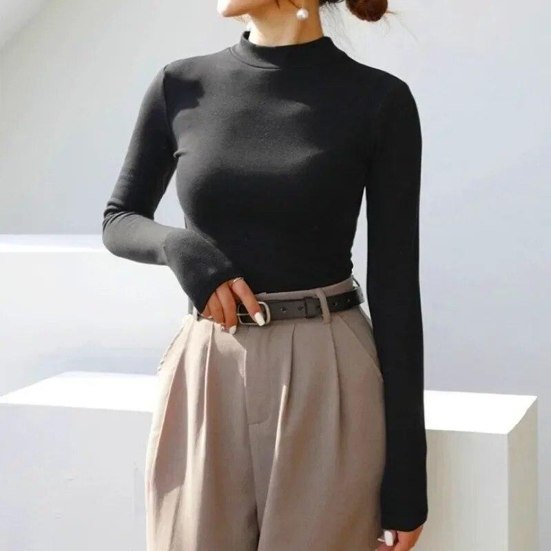 Jesień Y2K T-Shirt moda zimowa koszulka z długim rękawem ciepły top casualowe w stylu Streetwear jednolita koszula z krótkim rękawem obcisłe ubrania Blusas 29770