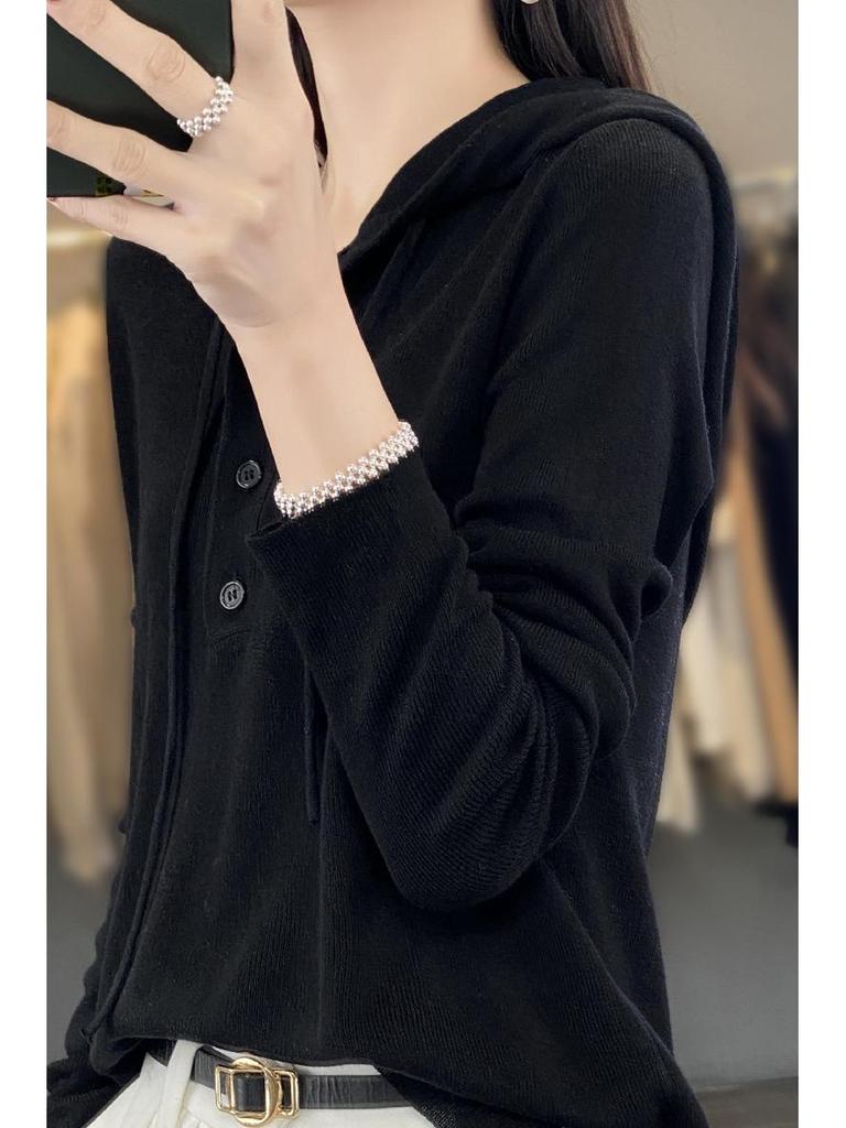 Spring & Autumn Wool Hoodie: Casual, Lazy-Style Knitted Sweater, Slimming Button-Up, Versatile for Women