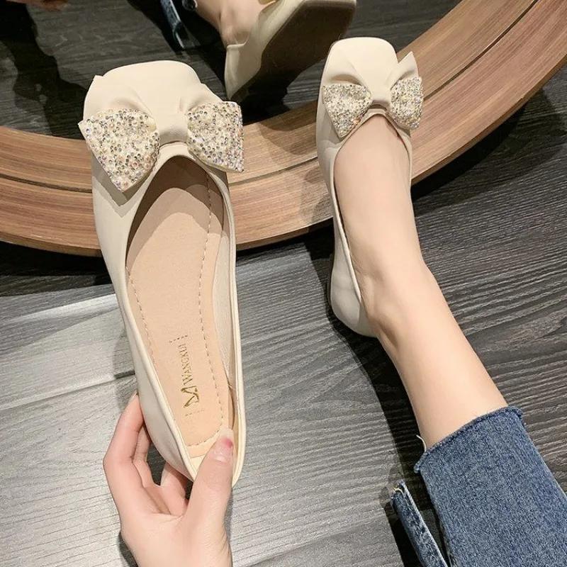 Fashion Low Heel Elegant Kawaii Woman Flats Square Toe Cute Shoes for Women with Bow Vintage Casual Clothing Trend 2025 Chic Stylish Y2k
