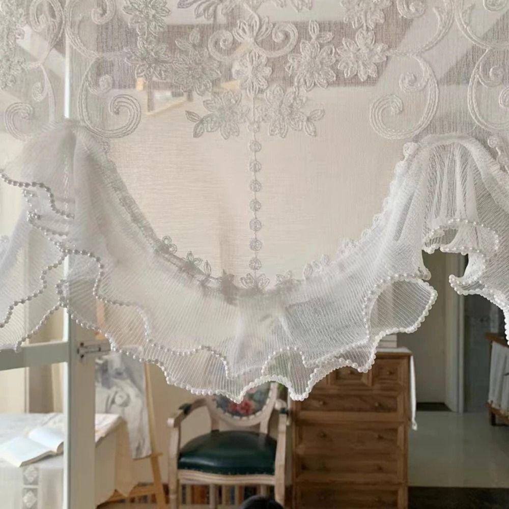 Wavy Edge Ruffled Lace Short Sheer Curtain Floral Short Tulle Drapery  Door