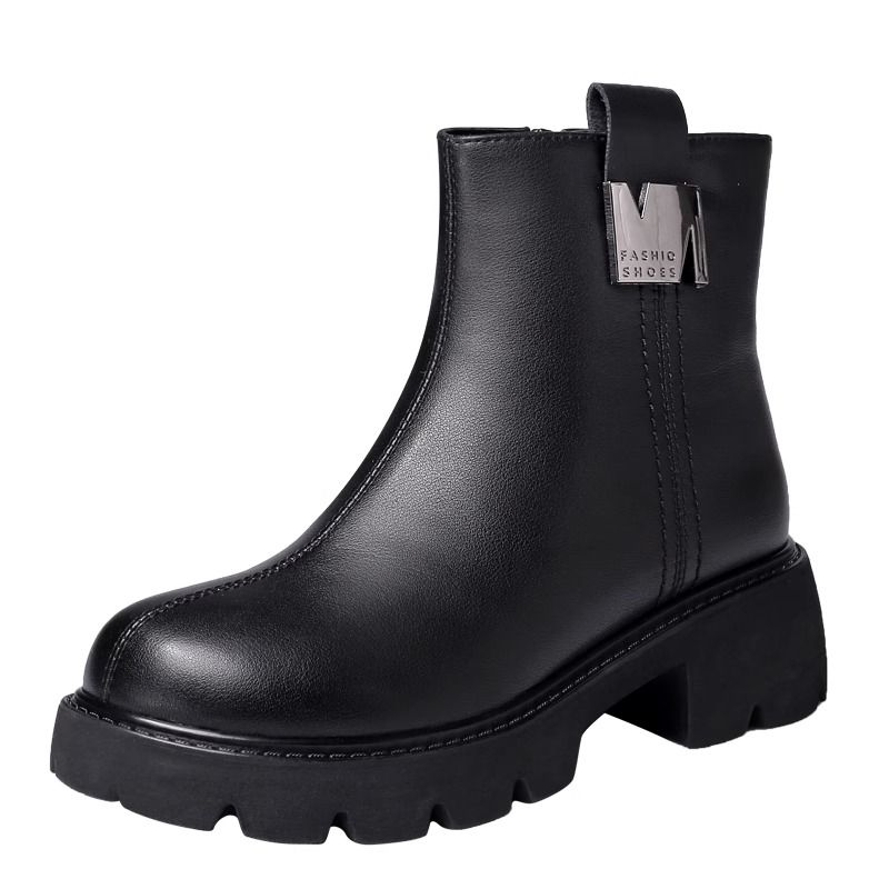 Winter Women Shoes Round Toe Chunky Heel Boots  Leather Shoes for Women Warm Wool Snow Boots Zipper Platform Shoes Wome
