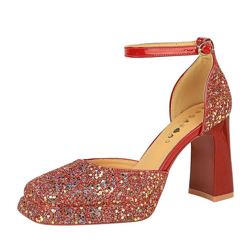 One-Strip Wedding Shoes Square Toe Shallow Mouth Waterproof Platform Thick Heel Super High Heel Sequin Sandals Fashion Elegant