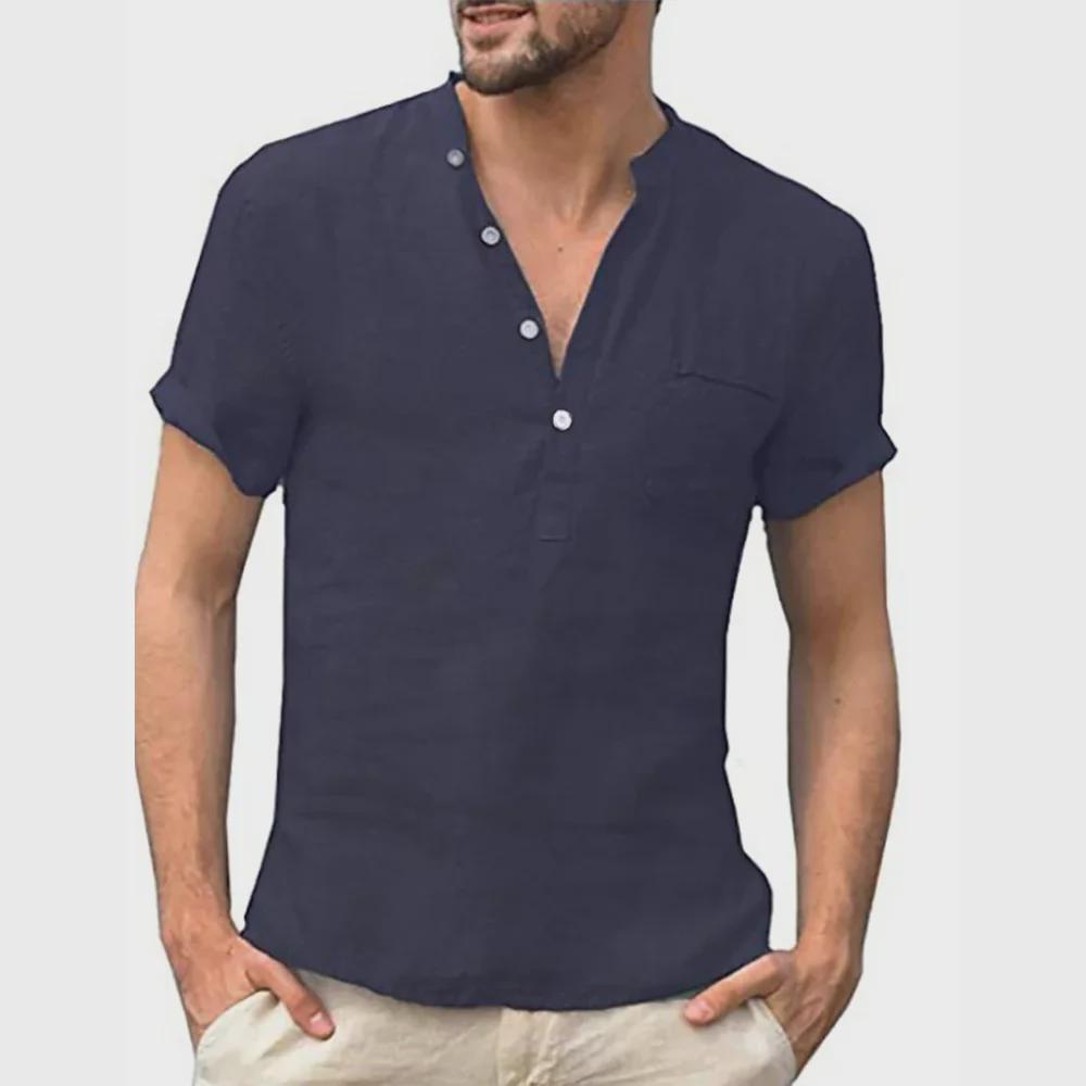 European and American Summer Men's Solid Color Short-Sleeve Stand Collar Casual Shirt for Teens, Large Size