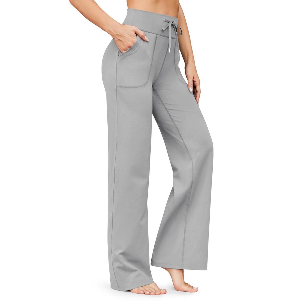 Women's High Waist Drawstring Pocket Flared Yoga Pants Solid Color Loose Wide Leg Sports Long Trousers