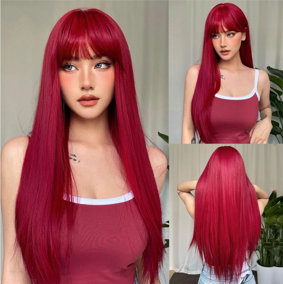 HENRY MARGU Witte Lange Rechte Synthetische Pruiken voor Vrouwen Kleurrijk Cosplay Feest Nep Haar met Pony Witte Pruik Hoge Temperatuur brown