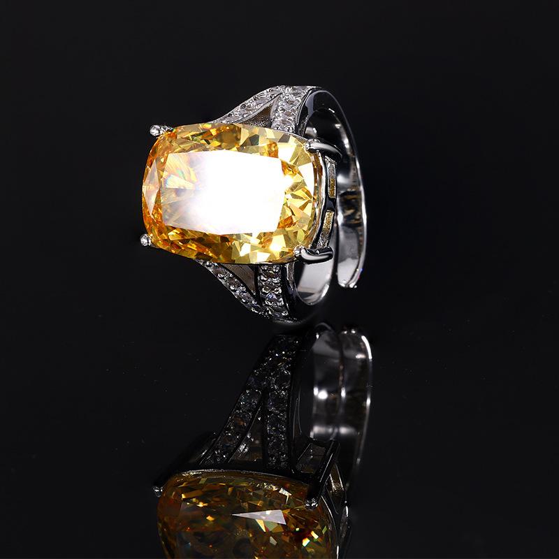Jewelry Copper Bottom Gold-Plated High Carbon Diamond Ice Flower Square Diamond Copper Setting Temperament Retro Ring Women 12 * 16