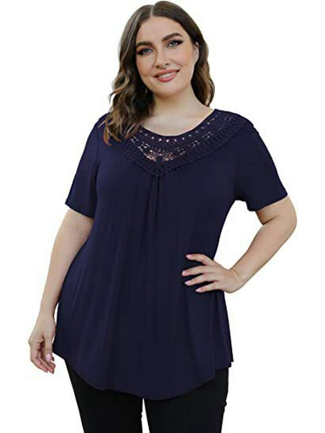 Top Estivo da Donna Taglie Forti con Ruffle in Pizzo a Manica Corta e Cintura (M-4XL)