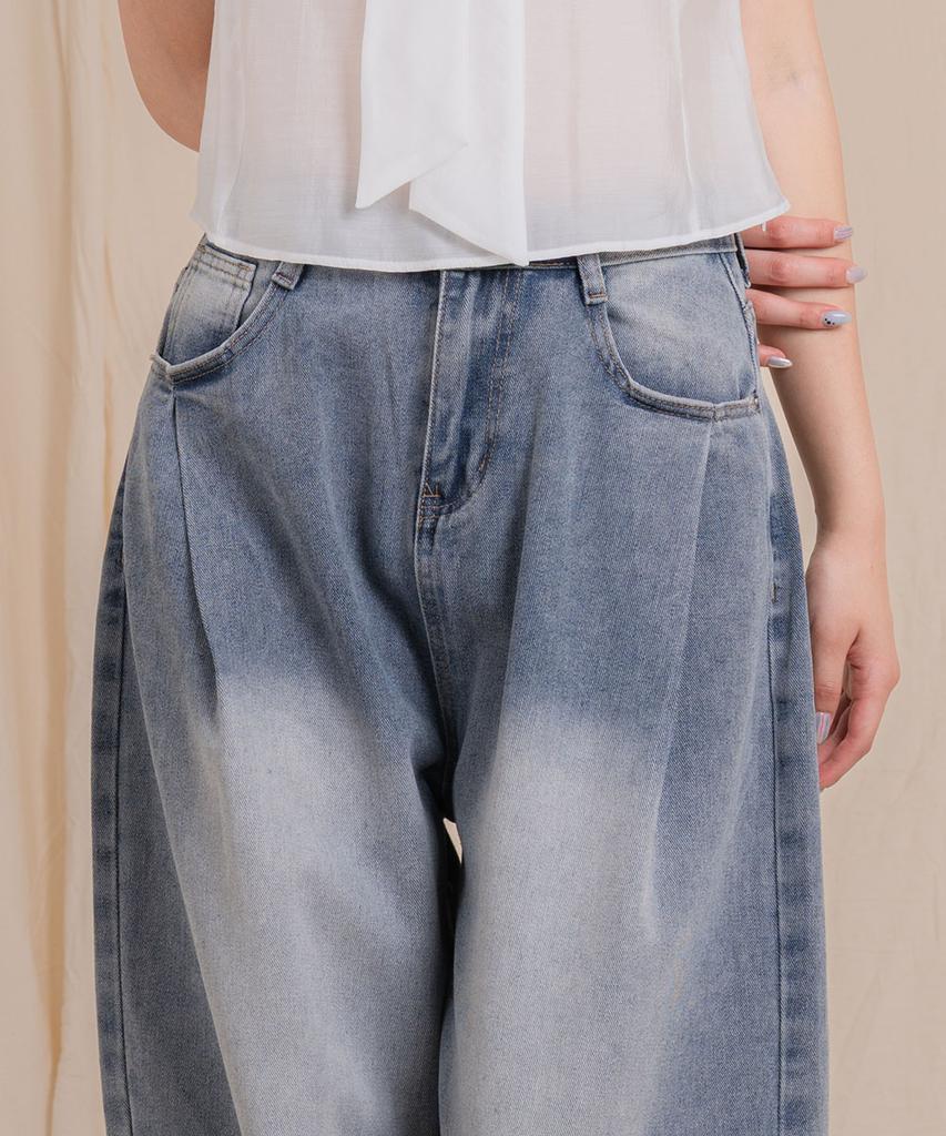 Ellamo 54_1 Women'S One-Pin Tuck Washed Wide Denim Pants (Basic/Long)_Light Blue