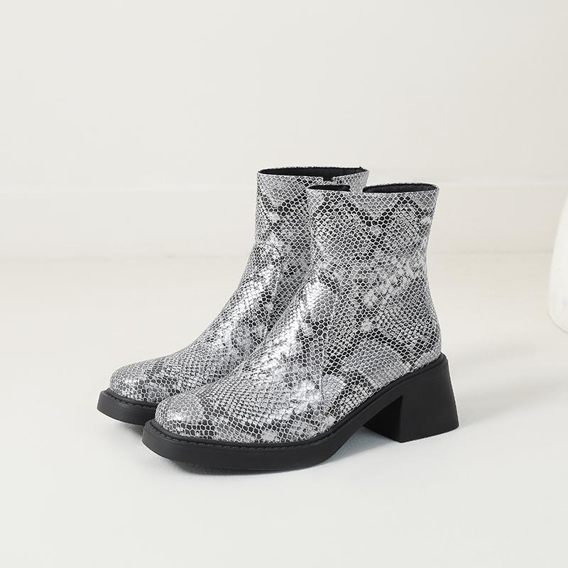 

Microfiber Snake Pattern Upper Square Toe Thick Heel Side Zipper New Short Boots Roman Style Snake Skin Fine Grid Pattern Boots 34