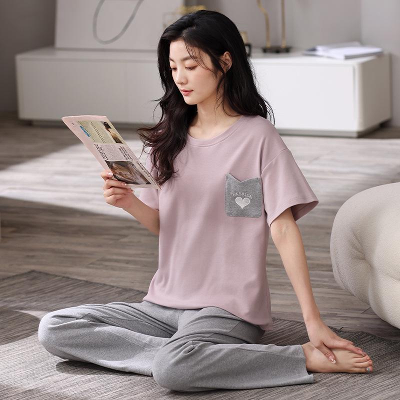 2024 Women's Summer Pajama Set: Pure Cotton, Short Sleeve, Long Pants - Lightweight and Casual for Indoors or Outdoors