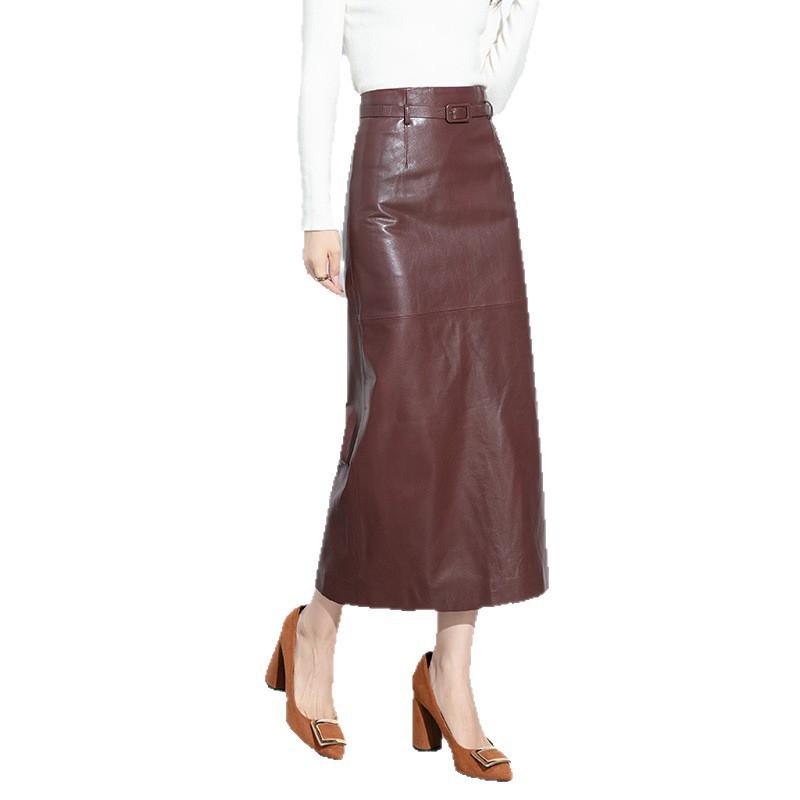 2025 Autumn/Winter Women's High-Waisted Lambskin Leather Midi Skirt - Elegant and Versatile Design