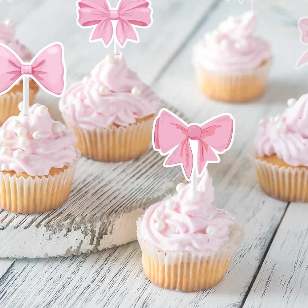 12/24pcs Pink Bowknot Cupcake Toppers Bow Tie Cake Inserts Birthday Party Wedding Party baby shower Cake Decoration Supplies