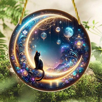 2D Flat Acrylic Black Cat Sun Catcher, Moon Coloring Window Hanging, Garden, Courtyard, Porch, Home, Wall, Room Decoration