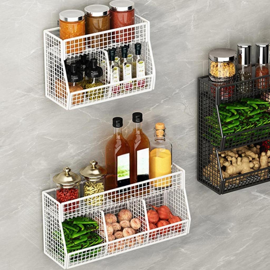 Wall Hanging Storage Basket Kitchen Onion Ginger Garlic Seasoning Spice Shelf Four Grids Drainage Basket for Countertop Organize