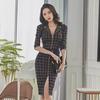 2025 Spring/Autumn Women's Retro Plaid Mid-Length Slit Dress