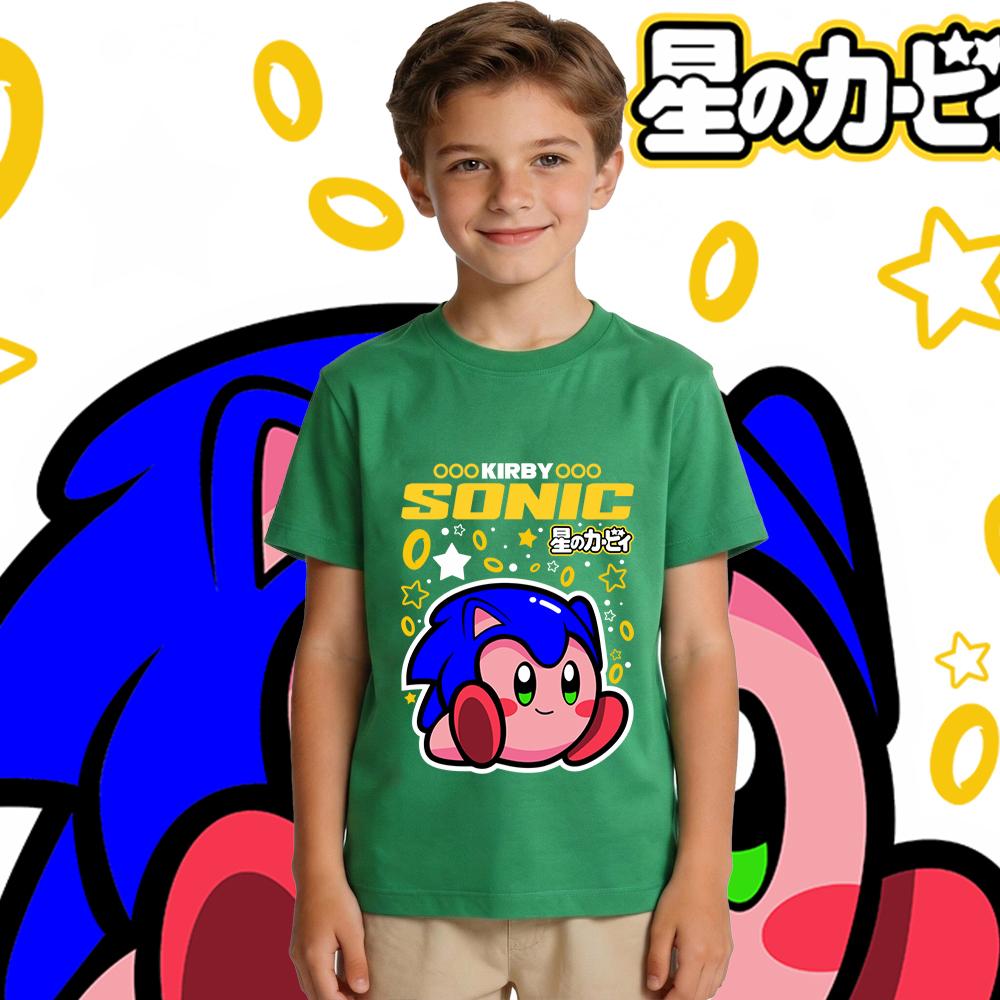 Kirby Sonic Anime Print Cotton T Shirt for Boys Girls Casual Short Sleeve Kids Summer Top Soft Breathable