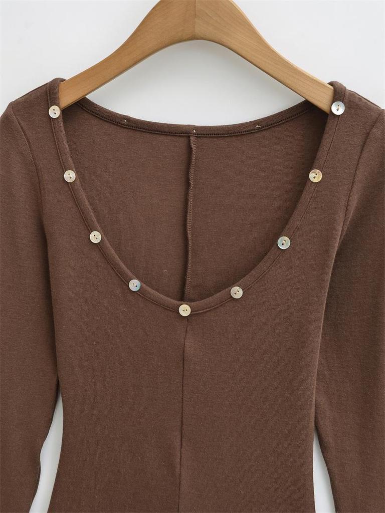 Spicy Girl Sexy Low Neck Long Sleeve T-shirt - Spring Stylish Slim Fit Solid Color Women's Top