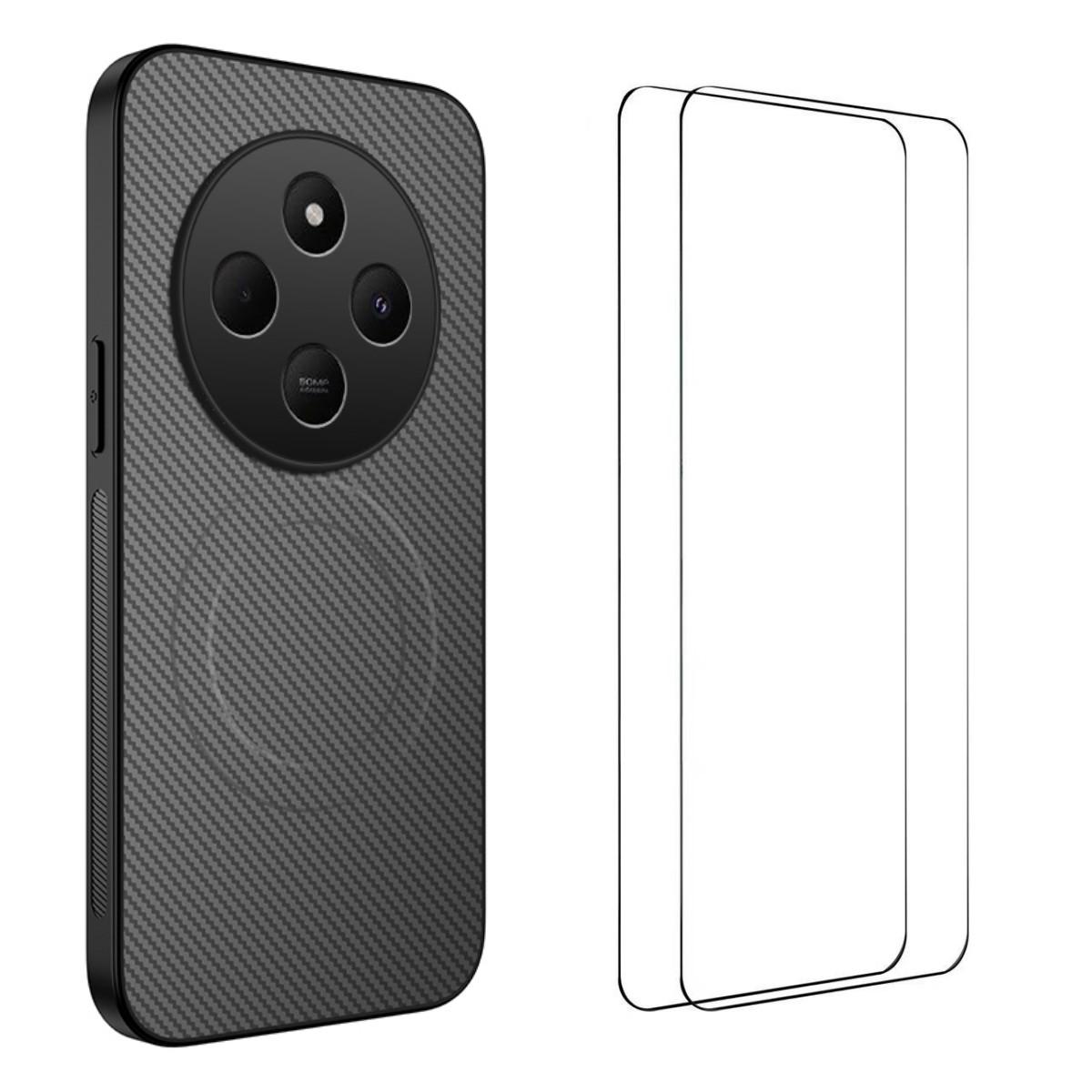 

For Xiaomi Redmi 14C 4G Magnetic Case WANLONFENG TQ1 Series Carbon Fiber Texture PC TPU Phone Cover with 2Pcs Screen Films
