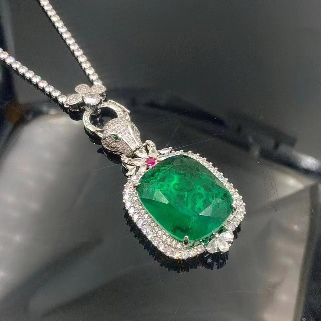 Leopard Head Pendant Large Square Synthetic Stone Full of Diamonds Large Colored Gemstone Long Necklace Jewelry