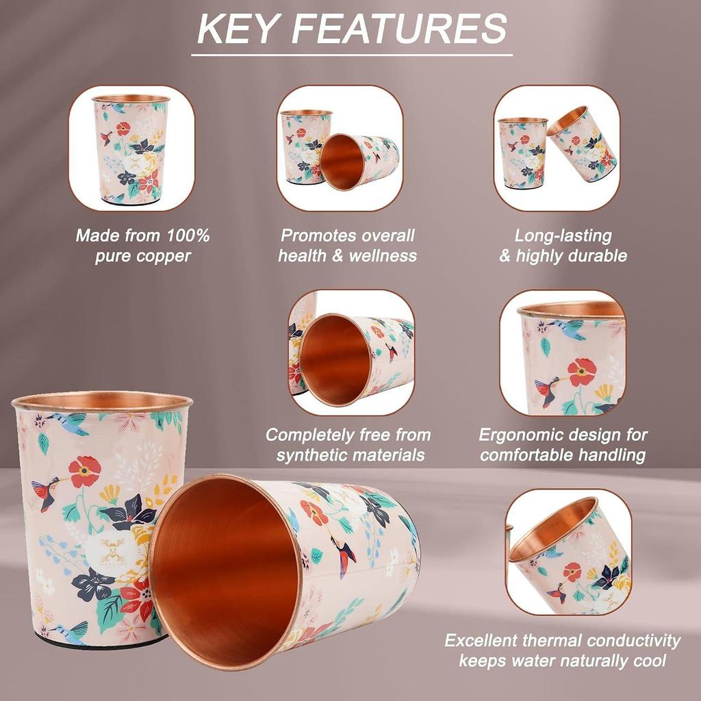 India Copper Premium Pink Gold Leaf Design Set of Two Glass with Elegant Gift Box, 250 MLPure Copper Glasses Set of 2 | Designer Meena Print