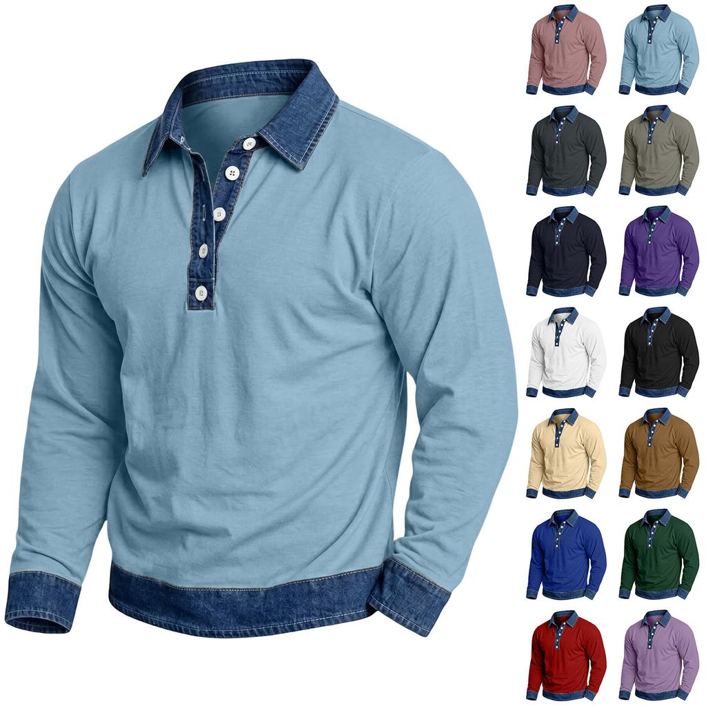 Herren Casual Patchwork Denim Langarmhemd mit Kragen