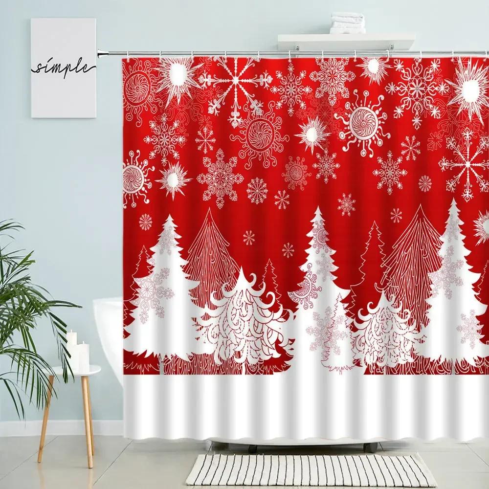 Merry Christmas Shower Curtain Christmas Tree Xmas Ball Red Background Party Bathroom Wall Decor With Hooks Waterproof Screen
